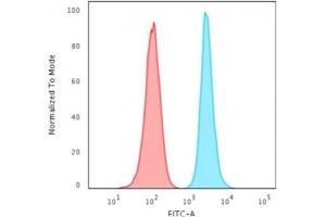 Flow Cytometric Analysis of HeLa cells using Histone H1 Mouse Monoclonal Antibody (1415-1) conjugated to goat anti-Mouse IgG-CF488 (Blue); Isotype Control (Red). (Histone H1 antibody)