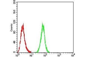 Flow cytometric analysis of Hela cells using MUC5AC mouse mAb (green) and negative control (red). (MUC5AC antibody  (AA 28-327))