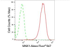 Flow cytometric analysis of MNX1 expression in HepG2 cells using MNX1 antibody (ABIN7799484), 1:2,000).