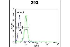RPL18A Antibody (C-term) (ABIN653086 and ABIN2842682) flow cytometric analysis of 293 cells (right histogram) compared to a negative control cell (left histogram).