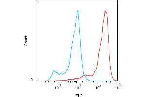 Flow cytometry analysis (surface staining) of FOLR2 transfectants (red) with anti-human FOLR2 (EM-35) PE, compared with blank (blue). (FOLR2 antibody  (PE))