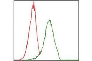 Flow cytometric analysis of Jurkat cells using ITGA4 mouse mAb (green) and negative control (red). (ITGA4 antibody)