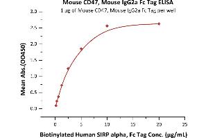 Immobilized Mouse CD47, Mouse IgG2a Fc Tag, low endotoxin (ABIN5954914,ABIN6809967) at 10 μg/mL (100 μL/well) can bind Biotinylated Human SIRP alpha, Fc Tag (ABIN5526676,ABIN5526677) with a linear range of 0. (CD47 Protein (CD47) (AA 19-140) (Fc Tag))
