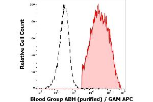 Separation of human erythrocytes from blood group A donor (red-filled) from erythrocytes from blood group 0 donor (black-dashed) in flow cytometry analysis (surface staining) of human peripheral whole blood samples using anti-Blood group ABH (HE-10) purified antibody (concentration in sample 4 μg/mL, GAM APC). (Blood Group ABH antibody)