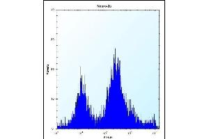 UBE2E2 Antibody (N-term) (ABIN657745 and ABIN2846729) flow cytometric analysis of Neuro-2a cells (right histogram) compared to a negative control cell (left histogram). (UBE2E2 antibody  (N-Term))