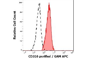Separation of human lymphocytes (red-filled) from neutrophil granulocytes (black-dashed) in flow cytometry analysis (surface staining) of human peripheral whole blood stained using anti-human CD316 (8A12) purified antibody (concentration in sample 5 μg/mL, GAM APC). (IGSF8 antibody)
