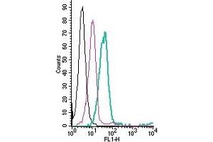 Cell surface detection of Ret receptor by direct flow cytometry in live intact human  monocytic leukemia cells: + Rabbit IgG Isotype Control-FITC (ABIN7582044). (Ret Proto-Oncogene antibody  (Extracellular) (FITC))