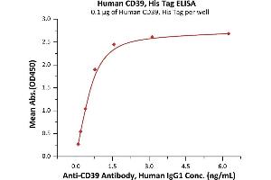 Immobilized Human CD39, His Tag (ABIN6972990) at 1 μg/mL (100 μL/well) can bind A Antibody, Human IgG1 with a linear range of 0. (CD39 Protein (AA 38-478) (His tag))