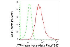 Flow cytometric analysis of ATP citrate lyase expression in HepG2 cells using ATP citrate lyase antibody (ABIN7797679), 1:2,000).