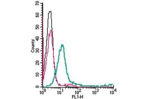 Cell surface detection of Semaphorin 4D in human Jurkat T-cell leukemia cells: (black line) Cells. (SEMA4D/CD100 antibody  (Extracellular) (FITC))