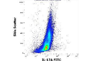 Flow cytometry intracellular staining pattern of PHA stimulated and Brefeldin A treated human peripheral whole blood stained using anti-human IL-17A (9F9) FITC antibody (4 μL reagent / 100 μL of peripheral whole blood). (Interleukin 17a antibody  (FITC))