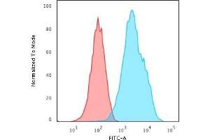 Cytometric Analysis of Raji cells using CD20 Mouse Monoclonal Antibody (L26) followed by Goat anti-Mouse IgG-CF488 (Blue); Isotype Control (Red). (CD20 antibody)