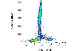 Flow cytometry surface staining pattern of human peripheral whole blood stained using anti-human CD22 (IS7) FITC antibody (20 μL reagent / 100 μL of peripheral whole blood).