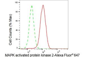 Flow cytometric analysis of MAPK activated protein kinase 2 expression in HAP-1 cells using MAPK activated protein kinase 2 antibody (ABIN7799476), 1:2,000).