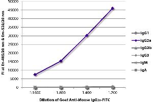 FLISA plate was coated with purified mouse IgG1, IgG2a, IgG2b, IgG3, IgM, and IgA. (Goat anti-Mouse IgG2a Antibody (FITC))