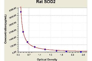 Diagramm of the ELISA kit to detect Rat SOD2with the optical density on the x-axis and the concentration on the y-axis. (SOD2 ELISA Kit)