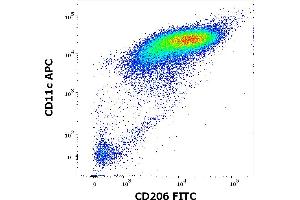 Flow cytometry multicolor surface staining of human stimulated (GM-CSF + IL-4) peripheral blood mononuclear cells stained using anti-human CD206 (15-2) FITC antibody (4 μL reagent per milion cells in 100 μL of cell suspension) and anti-human CD11c (BU15) APC antibody (10 μL reagent per milion cells in 100 μL of cell suspension). (Macrophage Mannose Receptor 1 antibody  (FITC))