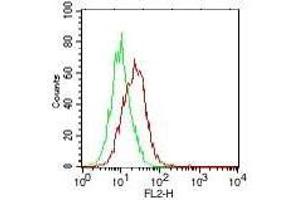 Anti-IL-17E Antibody - Flow Cytometry Cells: PC3 cells Primary antibody: 1 ug of IL-17E (red), control (green) Secondary antibody: anti-mouse IgG PE conjugated secondary antibody (IL-25 antibody  (Biotin))