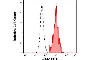 Separation of human CD32 positive lymphocytes (red-filled) from CD32 negative lymphocytes (black-dashed) in flow cytometry analysis (surface staining) of human peripheral whole blood stained using anti-human CD32 (3D3) FITC antibody (4 μL reagent / 100 μL of peripheral whole blood). (Fc gamma RII (CD32) antibody (FITC))