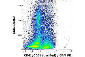 Flow cytometry surface staining pattern of PHA stimulated human peripheral whole blood stained using anti-human CD41/CD61 (PAC-1) purified antibody (concentration in sample 8 μg/mL, GAM PE).