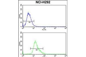 Flow cytometry analysis of NCI-H292 cells (bottom histogram) compared to a negative control cell (top histogram).