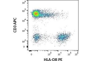 Flow cytometry multicolor surface staining pattern of human lymphocytes using anti-human CD3 (UCHT1) APC antibody (10 μL reagent / 100 μL of peripheral whole blood) and anti-human HLA-DR (L243) PE antibody (10 μL reagent / 100 μL of peripheral whole blood). (HLA-DR antibody  (PE))