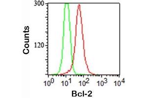 FACS staining (intracellular) of Jurkat cells using 100/D5 antibody (red) and isotype control (green). (Bcl-2 antibody)