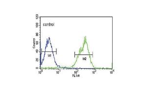 P4K3 Antibody (ABIN653817 and ABIN2843090) flow cytometric analysis of HepG2 cells (right histogram) compared to a negative control cell (left histogram). (MAP4K3 antibody)