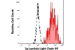 Separation of human Ig Lambda Light Chain positive B cells (red-filled) from Ig Lambda Light Chain negative B cells (black-dashed) in flow cytometry analysis (surface staining) of human peripheral whole blood stained using anti-human Ig Lambda Light Chain (1-155-2) PE antibody (10 μL reagent / 100 μL of peripheral whole blood).