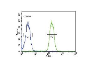 Flow cytometric analysis of MDA-MB435 cells (right histogram) compared to a negative control cell (left histogram).