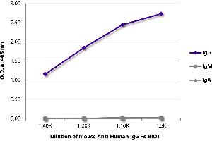 ELISA plate was coated with purified human IgG, IgM, and IgA. (Mouse anti-Human IgG (Fc Region) Antibody (Biotin))