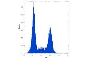 TLR9 antibody flow cytometric analysis of Ramos cells (right histogram) compared to a negative control (left histogram). (TLR9 antibody  (AA 842-870))