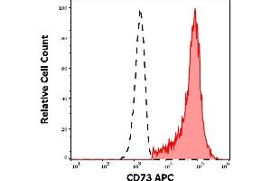 Separation of human CD73 positive CD19 positive B cells (red-filled) from neutrophil granulocytes (black-dashed) in flow cytometry analysis (surface staining) of human peripheral whole blood stained using anti-human CD73 (AD2) APC antibody (10 μL reagent / 100 μL of peripheral whole blood). (CD73 antibody  (APC))