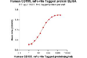 ELISA plate pre-coated by 2 μg/mL (100 μL/well) Human CD155, mFc-His tagged protein (ABIN6961100) can bind Human TIGIT, hFc tagged protein (ABIN6961144) in a linear range of 1.