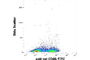 Flow cytometry surface staining pattern of rat splenocyte suspension stained using anti-rat CD8b (341) FITC antibody (concentration in sample 1 μg/mL).