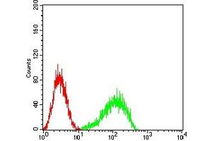 Flow cytometric analysis of HL-60 cells using CD354 mouse mAb (green) and negative control (red). (TREM1 antibody  (AA 21-205))