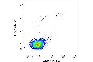 Flow cytometry dot-plot staining pattern of rBet v 7 recombinant allergen stimulated human peripheral whole blood lymphocytes and basophils of a proven allergic donor stained using anti-human CD63 (MEM-259) FITC and anti-human CD203c (NP4D6) PE antibodies . (PPIL1 Protein)