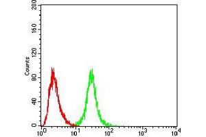 Flow cytometric analysis of Hela cells using OTUD4 mouse mAb (green) and negative control (red). (OTUD4 antibody  (AA 815-1049))