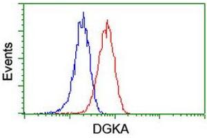 Flow cytometric Analysis of Jurkat cells, using anti-DGKA antibody (ABIN2455398), (Red), compared to a nonspecific negative control antibody, (Blue). (DGKA antibody)
