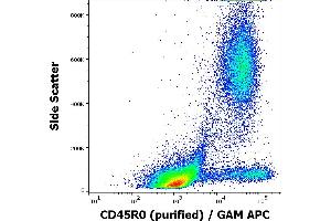 Flow cytometry surface staining pattern of human peripheral whole blood stained using anti-human CD45R0 (UCHL1) purified antibody (concentration in sample 1 μg/mL, GAM APC).