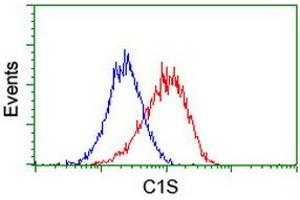 Flow cytometric Analysis of Hela cells, using anti-C1S antibody (ABIN2455522), (Red), compared to a nonspecific negative control antibody, (Blue). (C1S antibody)