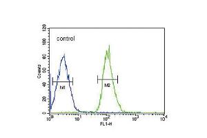 Flow cytometric analysis of MCF-7 cells (bottom histogram) compared to a negative control cell (top histogram). (FGFR1 antibody)