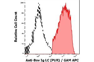 Separation of bovine Ig Light Chains positive leukocytes (red-filled) from Ig Light Chains negative leukocytes (black-dashed) in flow cytometry analysis (surface staining) of bovine peripheral whole blood stained using anti-bovine Ig Light Chains (IVA285-1) purified antibody (concentration in sample 3 μg/mL, GAM APC). (Mouse anti-Cow Ig Light Chains Antibody)