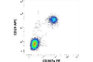 Flow cytometry multicolor surface staining of human lymphocytes stained using anti-human CD307a(E3) PE antibody (10 μL reagent / 100 μL of peripheral whole blood) and anti-human CD19 (4G7) APC antibody (10 μL reagent / 100 μL of peripheral whole blood). (FCRL1 antibody  (PE))