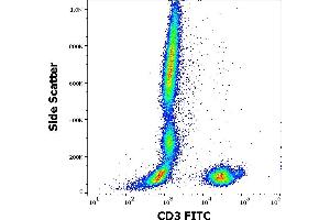 Flow cytometry surface staining pattern of human peripheral whole blood stained using anti-human CD3 (MEM-57) FITC antibody (20 μL reagent / 100 μL of peripheral whole blood).