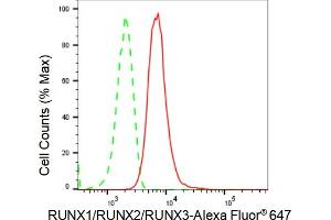 Flow cytometric analysis of RUNX1/RUNX2/RUNX3 expression in HT- cells using RUNX1/RUNX2/RUNX3 antibody (ABIN7800264), 1:2,000).