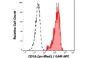 Separation of human CD16 positive lymphocytes (red-filled) from CD16 negative lymphocytes (black-dashed) in flow cytometry analysis (surface staining) of peripheral whole blood stained using anti-human CD16 (3G8) purified antibody (concentration in sample 2 μg/mL, GAM APC).
