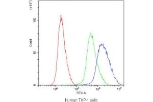 Flow cytometry testing of human THP-1 cells with APOBEC3G antibody at 1ug/10^6 cells (blocked with goat sera) (APOBEC3G antibody)