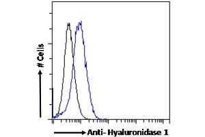 ABIN334421 Flow cytometric analysis of paraformaldehyde fixed HepG2 cells (blue line), permeabilized with 0. (HYAL1 antibody  (Internal Region))