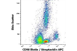 Flow cytometry surface staining pattern of human peripheral whole blood stained using anti-human CD98 (MEM-108) Biotin antibody (concentration in sample 2 μg/mL, Streptavidin APC). (SLC3A2 antibody  (Biotin))
